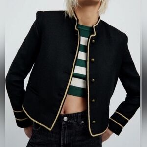 NWT Zara Women's Cropped Jacket Black Gold Military Details Blogger Fave Large